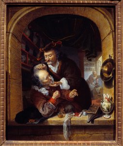 Geneeskunde: een dokter voert een aderlating uit om de hoofdpijn van zijn patiënt te behandelen door Bartholomaus Maton