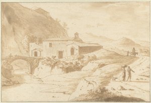 Heuvelachtig landschap met een kapel bij een brug door Bartholomeus Appelman