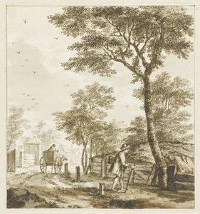 Landschap met figuren en een paard en wagen