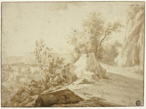 Rotsen en bergpad, figuren en stad beneden door Bartholomeus Breenbergh