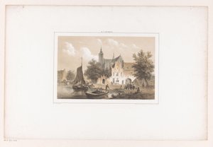 Stadsgezicht met rivier en kerk