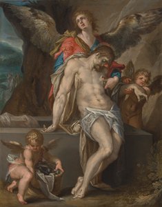 Het lichaam van Christus ondersteund door engelen door Bartholomeus Spranger