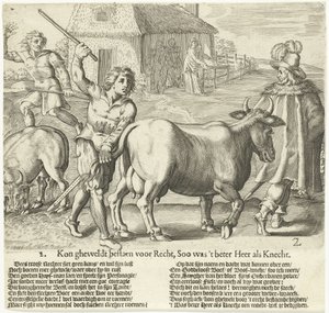 De baljuw voert de koe van de boer weg door Bartholomeus Willemsz. Dolendo