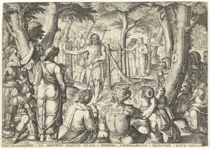 Johannes de Doper predikt voor een groep mensen door Bartholomeus Willemsz. Dolendo