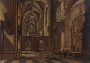Een katholiek kerkinterieur, met figuren en een hond bij een doopvont op de voorgrond