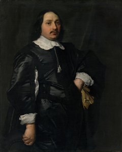 Portret van een heer in een zwart satijnen wambuis door Bartholomeus van der Helst