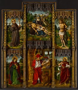 Draagbaar altaarstuk: Pietà, heiligen Franciscus, Sebastiaan, Johannes de Evangelist, Hiëronymus en Johannes de Doper, ca. 1500