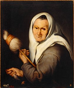 Oude vrouw weeft ... (olieverf op doek)