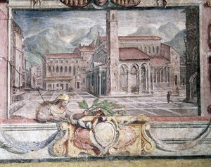 Slaapkamer, detail van fries met steden onder Medici-heerschappij, Pistoia (detail)