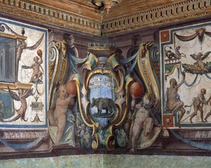 De Sala del Granduca di Toscana detail van de fries met de tekens van de dierenriem, de neushoorn (detail)
