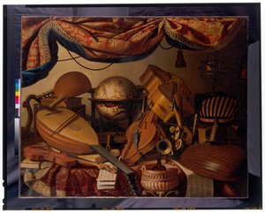Een stilleven met muziekinstrumenten door Bartolomeo Bettera