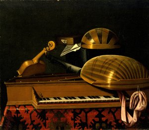 Stilleven met muziekinstrumenten en boeken door Bartolomeo Bettera