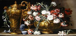 Stilleven met anjers in een vaas en een Florentijnse kruik op een richel door Bartolomeo Bimbi