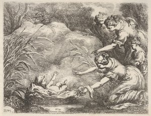 De vondst van Mozes die uit de Nijl wordt gered door de dienstmeisjes van de dochter van de farao door Bartolomeo Biscaino