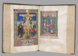 Missale: Fol. 185v: Kruisiging met randen volle pagina, 1469 door Bartolomeo Caporali