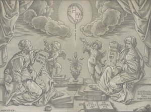 Allegorie van een Stelling, twee vrouwen houden beschreven tabletten, 1640