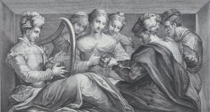 Een groep elegant geklede mensen die harp en gitaar spelen, 1740-68