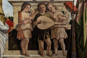 Madonna op de troon met kind Jezus tussen heiligen (detail) door Bartolomeo Montagna