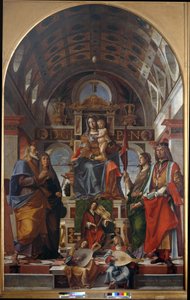 Madonna en kind met Sint Andreas, Monica, Ursula en Sigismund door Bartolomeo Montagna