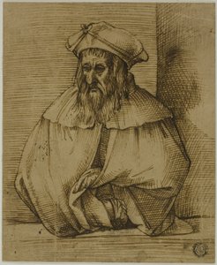Halve schets van een heer met hoed en cape door Bartolomeo Passarotti
