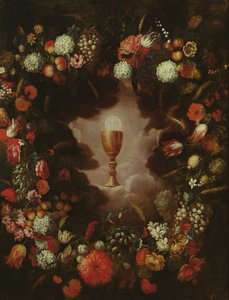 Kelk omringd door bloemen en vruchten
