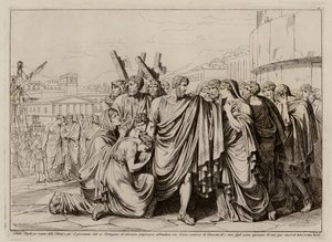 Atilius Regulus maakt zich klaar om Rome te verlaten en terug te keren naar gevangenschap in Carthago (ets) door Bartolomeo Pinelli