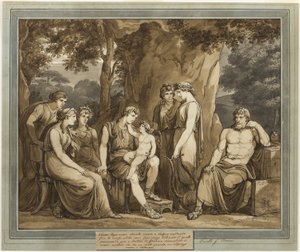 Calypso kijkt naar Telemachus met Cupido op zijn knie, terwijl Mentor boos toekijkt, uit De Avonturen van Telemachus, Boek 7