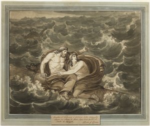 Mentor en Telemachus, na de storm, worden naar het eiland Calypso gebracht op een mast, uit De Avonturen van Telemachus, Boek 6 door Bartolomeo Pinelli