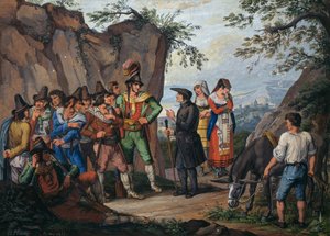 Onderhandelingen voor overgave tussen bandiet Gasparone en aartspriester Pellegrini door Bartolomeo Pinelli