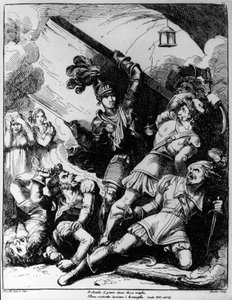 Orlando gooit houten bord tegen twintig gewapende mannen, illustratie door Bartolomeo Pinelli voor XIII canto van Orlando Furioso door Ludovico Ariosto