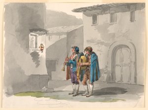 "Pifferari," Twee pijpers uit de Abruzzen in Rome door Bartolomeo Pinelli