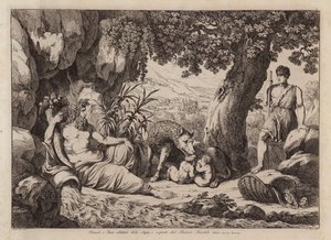 Romulus en Remus gezoogd door de wolvin en ontdekt door de herder Faustulus (ets) door Bartolomeo Pinelli