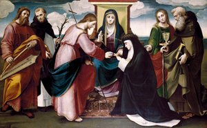 De mystieke bruiloft van Sint Catharina van Siena met Christus en de heiligen Johannes de Doper, Antonius Abt, Dominicus, koning David en de Maagd Maria door Bartolomeo called Bagnacavallo Ramenghi