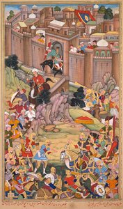 Het beleg van Arbela in het tijdperk van Hulagu Khan, pagina uit een Chingiz-nama (Boek van Chingiz Khan) van de Jami al-tavarikh (Compendium van Kronieken) van Rashid al-Din (Perzisch, 1247–1318) door Basavana