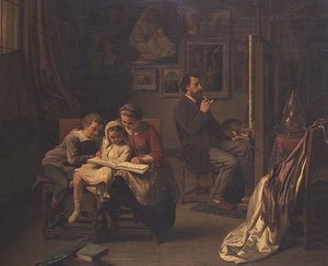 De kunstenaar met zijn kinderen in zijn atelier