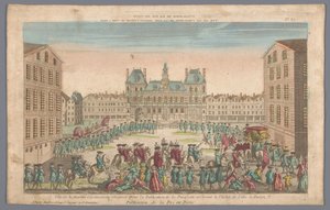 Gezicht op het Stadhuis te Parijs met een stoet ter afkondiging van de vrede door Basset