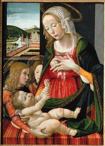 Madonna die het kindje Jezus verzorgt, omringd door engelen ... (schilderij op hout)