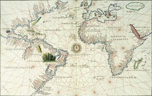 Een Dubbelbladige Kaart van de Atlantische Oceaan, met de Oostkust van Noord- en Zuid-Amerika, 1544 door Battista Agnese