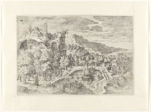 Landschap met vrouwen op jacht door Battista Angolo del Moro (attributed to)