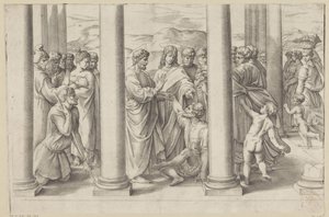 De heilige Petrus en Johannes genezen een lamme in een tempel door Battista Franco