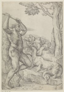 Hercules in gevecht met de Hydra van Lerna door Battista Franco