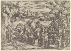 Mozes die Water uit de Rots Haalt, links met stromend water, verschillende figuren