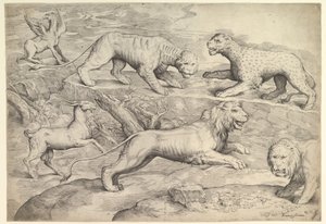 Zes dieren, waaronder leeuwen, een tijger, een luipaard, een griffioen en een geit, ca. 1530-61