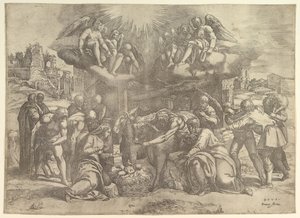 De Aanbidding van de Herders met Engelen erboven door Battista Franco Veneziano