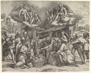 De aanbidding van de herders met engelen boven door Battista Franco Veneziano