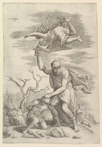 De engel die de arm van Abraham tegenhoudt door Battista Franco Veneziano