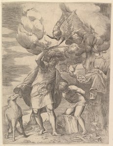 De Engel die de Arm van Abraham Tegenhoudt, Na 1552 door Battista Franco Veneziano