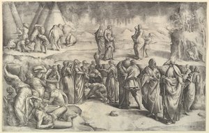 De Israëlieten verzamelen manna, ca. 1547 door Battista Franco Veneziano