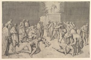 De Filistijnen plaatsen de Ark van het Verbond in de Tempel van Dagon, ca. 1540 door Battista Franco Veneziano