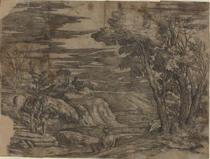 Landschap met een Man die een Paard Leidt door Battista Franco, after Titian